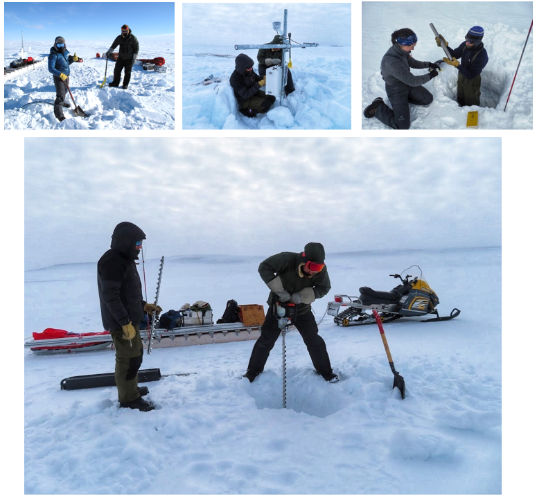 Four images of two glaciologists digging holes in the snow and setting up a small automated weather station.